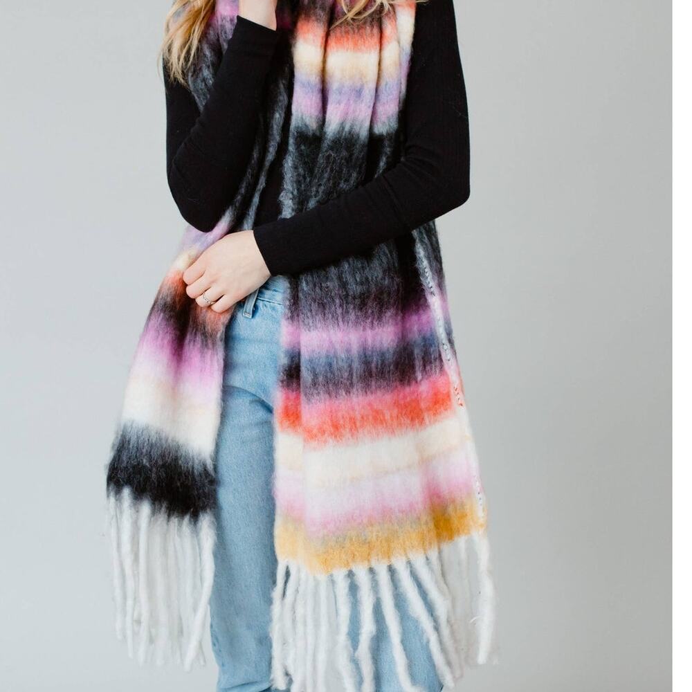 Black Striped Long Rectangle Scarf with Fringe